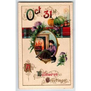 Halloween Postcard Women Black Cat Fireplace Oct 31st Germany Gottschalk Unused